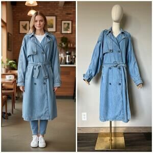Women's American Eagle Double Breasted Belted Denim Trench Coat Size XL